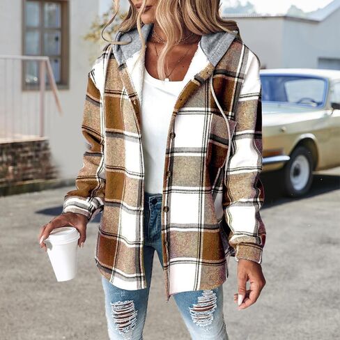Fleece Lined Flannel Jacket - Plaid Button Down Hooded Shacket for Women in Saudi Arabia