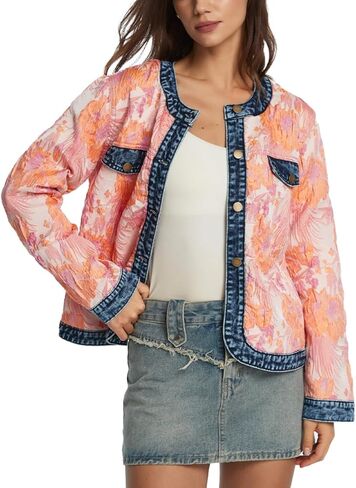 D-Sun Women's Floral Denim Jacket Long Sleeve Cropped Jacquard Jean Jacket Crewneck Button Down Casual Denim Fall Coats in Saudi Arabia