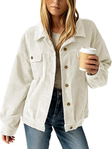 Women's Corduroy Shacket Oversized Jacket Vintage Button Down Shirt Jacket with Chest Pockets Fall Winter Layering in Saudi Arabia
