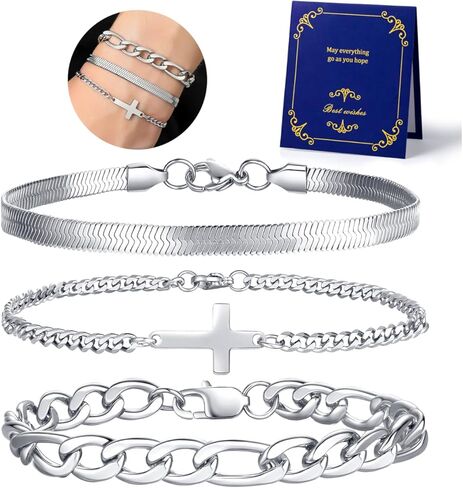 QINJIEJIE Mens Cross Bracelet Stainless Steel Bracelets for Men Cross Chain Cuban Link Bracelet Set Crosses jewelry Religious Christian Gifts for Men Dad Valentine's Day Gifts for Boyfriend in Saudi Arabia
