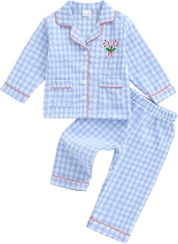Kayotuas Toddler Girl Christmas Pajamas Plaid Button Down Shirt Pants 2 Piece Pajama Set Kids Girls Pjs Nightgown Sleepwear in Saudi Arabia