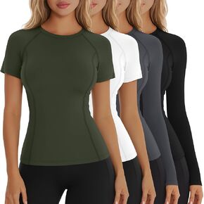 4 Pack Women's Compression Shirts Long/Short Sleeve Workout Yoga Tops Raglan Crewneck Athletic Gym Slim Base Layer in Kuwait