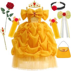 فستان الأميرة التنكري للأطفال والبنات للهالوين فستان كرة مخملية أصفر، حقيبة على شكل تاج بأكمام طويلة وردة حمراء 3-11 سنة in Kuwait