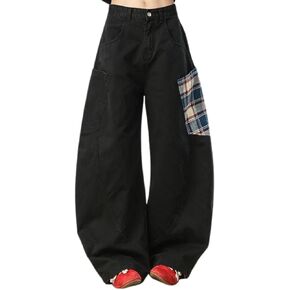 فضفاض برميل السراويل النساء الرجال واسعة الساق القطن مخطط Sweatpants الكاكي المرقعة مرونة الخصر صالة الملابس in Kuwait