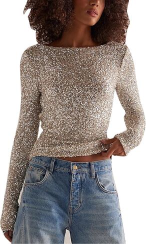 Women Long Sleeve Sequin Crop Tops Back Cowl Neck Sparkly Shirts Club Party Night Glitter Top in Saudi Arabia