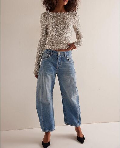 Women Long Sleeve Sequin Crop Tops Back Cowl Neck Sparkly Shirts Club Party Night Glitter Top in Saudi Arabia