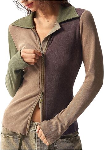 Women's Color Block Tops Collared Zip Up T Shirts Ribbed Knit Fall Tops in Saudi Arabia