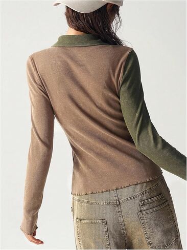 Women's Color Block Tops Collared Zip Up T Shirts Ribbed Knit Fall Tops in Saudi Arabia