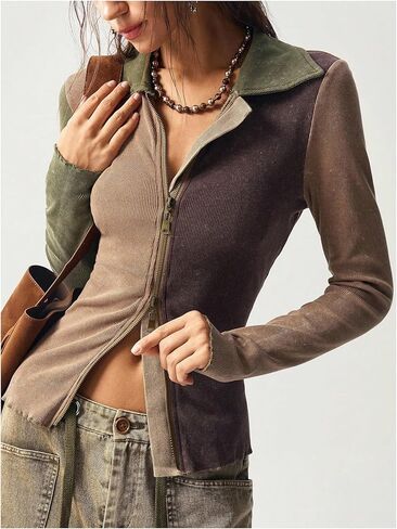 Women's Color Block Tops Collared Zip Up T Shirts Ribbed Knit Fall Tops in Saudi Arabia