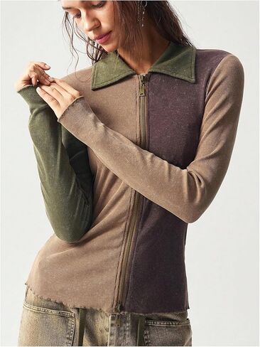 Women's Color Block Tops Collared Zip Up T Shirts Ribbed Knit Fall Tops in Saudi Arabia