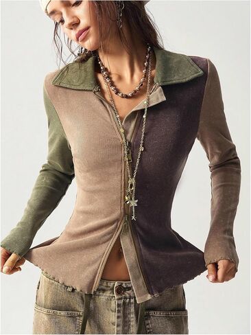 Women's Color Block Tops Collared Zip Up T Shirts Ribbed Knit Fall Tops in Saudi Arabia
