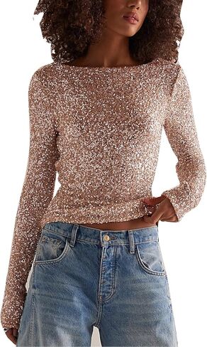 Women Long Sleeve Sequin Crop Tops Back Cowl Neck Sparkly Shirts Club Party Night Glitter Top in Saudi Arabia