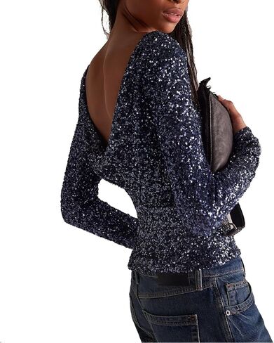 Women Long Sleeve Sequin Crop Tops Back Cowl Neck Sparkly Shirts Club Party Night Glitter Top in Saudi Arabia