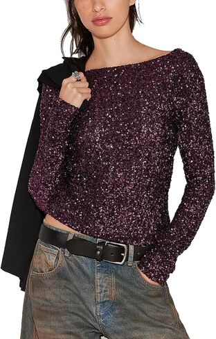 Women Long Sleeve Sequin Crop Tops Back Cowl Neck Sparkly Shirts Club Party Night Glitter Top in Saudi Arabia