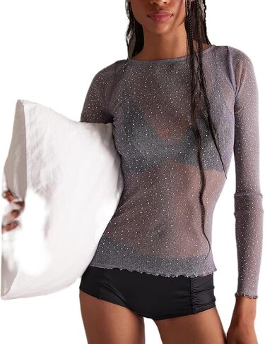 Women Long Sleeve Sequin Crop Tops Back Cowl Neck Sparkly Shirts Club Party Night Glitter Top in Saudi Arabia
