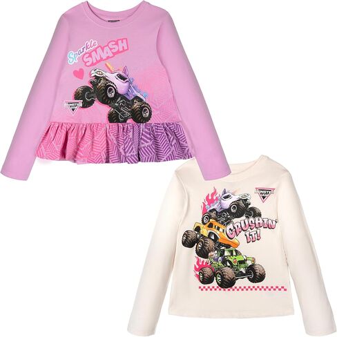 Monster Jam Girls 2 Pack Peplum Long Sleeve T-Shirts Toddler to Big Kid Grave Digger El Toro Loco Sparkle Smash in Saudi Arabia