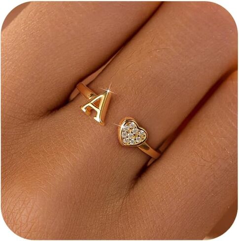 LOVECOM Dainty 14K Gold Plated Heart Initial Rings for Women Mother Daughter Non Tarnish 925 Sterling Silver Adjustable Open CZ Letter A-Z Ring Stackable Pinky Promise Ring Valentines Jewelry Gifts in Saudi Arabia