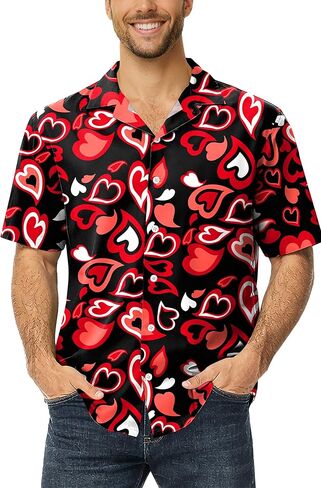 Men Valentines Button Down Shirts Heart Print Short Sleeve Casual Hawaiian Shirt in Kuwait