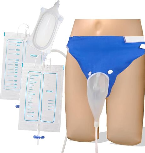 Wearable Urine Collector Bags Portable Urinals for Men, Condom Catheter Leak-Proof Reusable Silicone with 2 Catheters Bags, Male Urinal Collector for Elderly Men, Travelers (S/M, Blue) in Saudi Arabia
