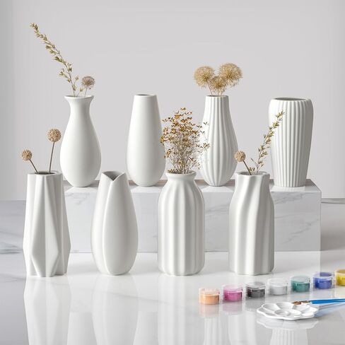 OERGKE White Ceramic Vase with Painting Kit Small vases for Flowers, Home Farmhouse Decor Modern Boho Vases for Living Room, Office, Dining Table, Bedroom, Kitchen Shelf(8packs) in Kuwait