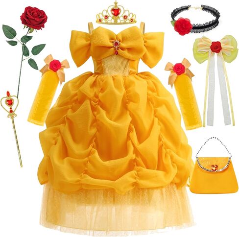فستان الأميرة التنكري للأطفال والبنات للهالوين فستان كرة مخملية أصفر، حقيبة على شكل تاج بأكمام طويلة وردة حمراء 3-11 سنة in Kuwait