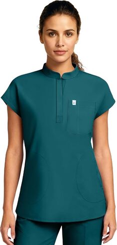 Medical Scrub Tops for Women - Mandarin Collar, Relaxed Fit, 4-Pocket Design, Shirttail Hem, Soft Stretch Scrub Shirts in Saudi Arabia