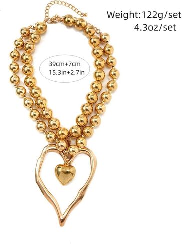Y2k Large Hollow Heart Necklaces for Women Big Chunky Heart Pendant Necklace Exaggerated Layered Double Hearts Gold/Silver Beaded Choker Necklace Dainty Statement Jewelry Gift in Saudi Arabia