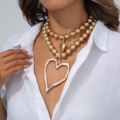 Y2k Large Hollow Heart Necklaces for Women Big Chunky Heart Pendant Necklace Exaggerated Layered Double Hearts Gold/Silver Beaded Choker Necklace Dainty Statement Jewelry Gift in Saudi Arabia