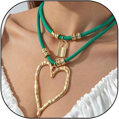 Y2k Large Hollow Heart Necklaces for Women Big Chunky Heart Pendant Necklace Exaggerated Layered Double Hearts Gold/Silver Beaded Choker Necklace Dainty Statement Jewelry Gift in Saudi Arabia