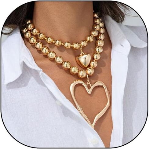 Y2k Large Hollow Heart Necklaces for Women Big Chunky Heart Pendant Necklace Exaggerated Layered Double Hearts Gold/Silver Beaded Choker Necklace Dainty Statement Jewelry Gift in Saudi Arabia