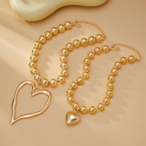 Y2k Large Hollow Heart Necklaces for Women Big Chunky Heart Pendant Necklace Exaggerated Layered Double Hearts Gold/Silver Beaded Choker Necklace Dainty Statement Jewelry Gift in Saudi Arabia