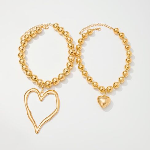 Y2k Large Hollow Heart Necklaces for Women Big Chunky Heart Pendant Necklace Exaggerated Layered Double Hearts Gold/Silver Beaded Choker Necklace Dainty Statement Jewelry Gift in Saudi Arabia