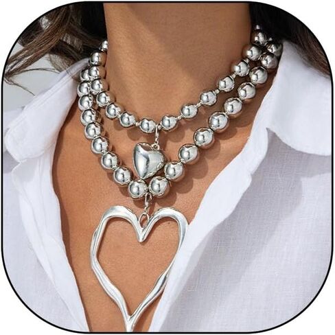 Y2k Large Hollow Heart Necklaces for Women Big Chunky Heart Pendant Necklace Exaggerated Layered Double Hearts Gold/Silver Beaded Choker Necklace Dainty Statement Jewelry Gift in Saudi Arabia