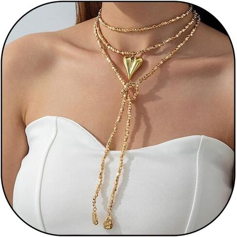 Y2k Large Hollow Heart Necklaces for Women Big Chunky Heart Pendant Necklace Exaggerated Layered Double Hearts Gold/Silver Beaded Choker Necklace Dainty Statement Jewelry Gift in Saudi Arabia
