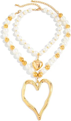 Y2k Large Hollow Heart Necklaces for Women Big Chunky Heart Pendant Necklace Exaggerated Layered Double Hearts Gold/Silver Beaded Choker Necklace Dainty Statement Jewelry Gift in Saudi Arabia