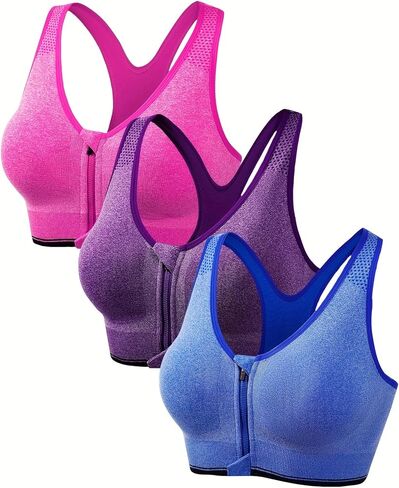 3 Pack Plus Size Sports Bras Set, Women's Plus Front Zipper Padded Soft Comfort Running Yoga Bras 3pcs Set in Saudi Arabia
