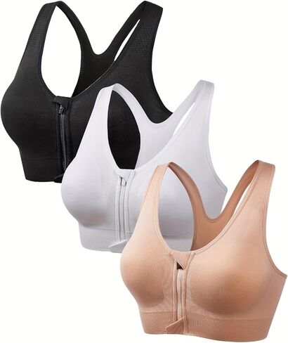 3 Pack Plus Size Sports Bras Set, Women's Plus Front Zipper Padded Soft Comfort Running Yoga Bras 3pcs Set in Saudi Arabia