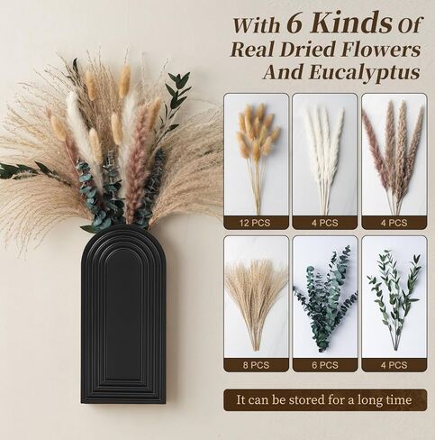 2 Pack Wooden Wall Vase Set with Pampas Grass Eucalyptus, Modern Farmhouse Boho Wall Decor for Living Room, Entryway, Hallway, Bathroom, Dining Room, Black Wall Art for Home Decoration in Saudi Arabia