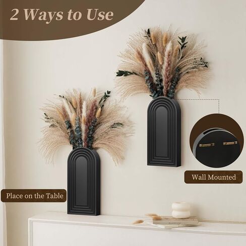 2 Pack Wooden Wall Vase Set with Pampas Grass Eucalyptus, Modern Farmhouse Boho Wall Decor for Living Room, Entryway, Hallway, Bathroom, Dining Room, Black Wall Art for Home Decoration in Saudi Arabia