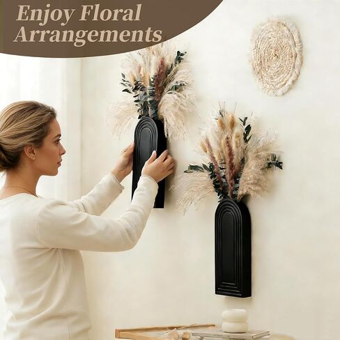 2 Pack Wooden Wall Vase Set with Pampas Grass Eucalyptus, Modern Farmhouse Boho Wall Decor for Living Room, Entryway, Hallway, Bathroom, Dining Room, Black Wall Art for Home Decoration in Saudi Arabia