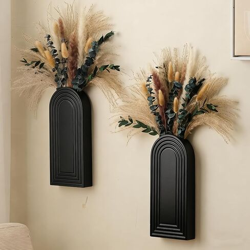 2 Pack Wooden Wall Vase Set with Pampas Grass Eucalyptus, Modern Farmhouse Boho Wall Decor for Living Room, Entryway, Hallway, Bathroom, Dining Room, Black Wall Art for Home Decoration in Saudi Arabia