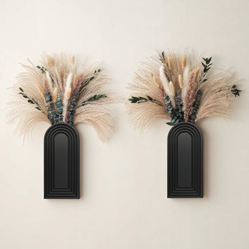 2 Pack Wooden Wall Vase Set with Pampas Grass Eucalyptus, Modern Farmhouse Boho Wall Decor for Living Room, Entryway, Hallway, Bathroom, Dining Room, Black Wall Art for Home Decoration in Saudi Arabia