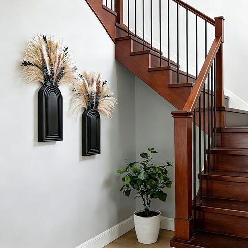 2 Pack Wooden Wall Vase Set with Pampas Grass Eucalyptus, Modern Farmhouse Boho Wall Decor for Living Room, Entryway, Hallway, Bathroom, Dining Room, Black Wall Art for Home Decoration in Saudi Arabia