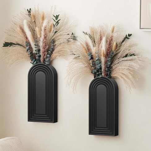 2 Pack Wooden Wall Vase Set with Pampas Grass Eucalyptus, Modern Farmhouse Boho Wall Decor for Living Room, Entryway, Hallway, Bathroom, Dining Room, Black Wall Art for Home Decoration in Saudi Arabia