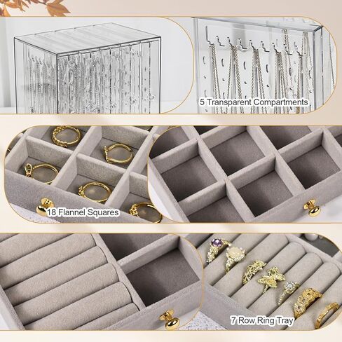 Greenfeather Jewelry Organizer with 7 Removable Drawers, Clear Acrylic Jewelry Box with 40 Necklace Hooks, 120 Pairs of Earring Holes, 2 Velvet-Lined Drawers for Rings, Necklaces, Earrings in Saudi Arabia