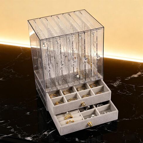 Greenfeather Jewelry Organizer with 7 Removable Drawers, Clear Acrylic Jewelry Box with 40 Necklace Hooks, 120 Pairs of Earring Holes, 2 Velvet-Lined Drawers for Rings, Necklaces, Earrings in Saudi Arabia