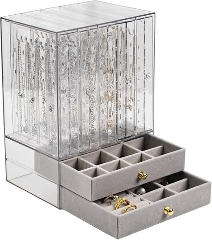 Greenfeather Jewelry Organizer with 7 Removable Drawers, Clear Acrylic Jewelry Box with 40 Necklace Hooks, 120 Pairs of Earring Holes, 2 Velvet-Lined Drawers for Rings, Necklaces, Earrings in Saudi Arabia