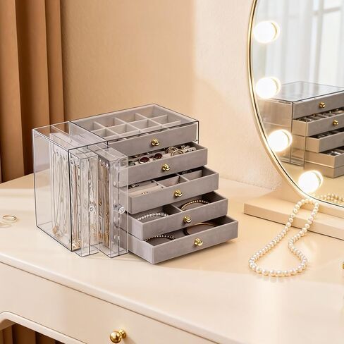 Greenfeather Jewelry Organizer with 7 Removable Drawers, Clear Acrylic Jewelry Box with 40 Necklace Hooks, 120 Pairs of Earring Holes, 2 Velvet-Lined Drawers for Rings, Necklaces, Earrings in Saudi Arabia