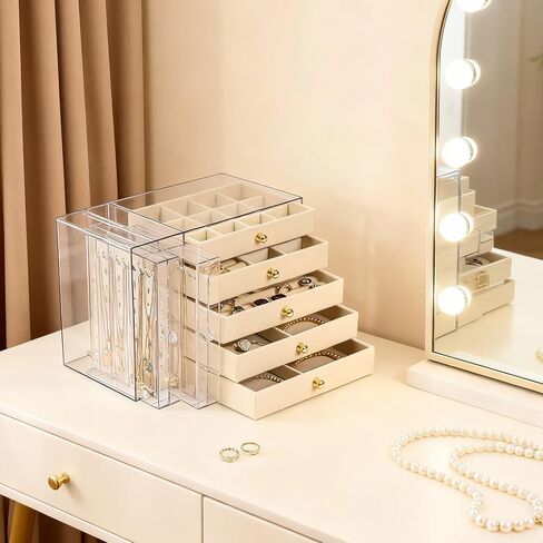 Greenfeather Jewelry Organizer with 7 Removable Drawers, Clear Acrylic Jewelry Box with 40 Necklace Hooks, 120 Pairs of Earring Holes, 2 Velvet-Lined Drawers for Rings, Necklaces, Earrings in Saudi Arabia