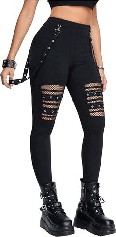 SweatyRocks Women's Gothic Punk Leggings Fishnet High Waisted Rock Skinny Pants Streetwear in Kuwait